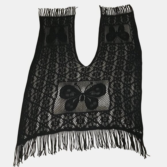 Black Lace Butterfly Fringe Shawl Poncho Wrap Boho Goth Festival Long Fringe OS - Picture 5 of 8